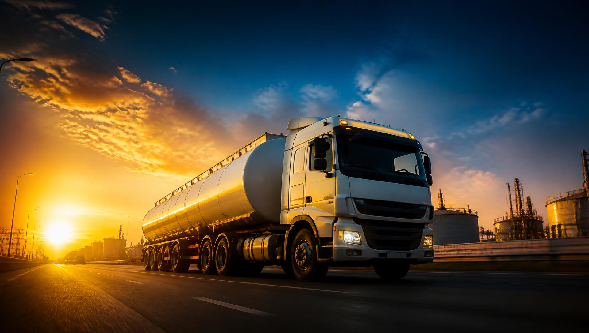 ENELIN diesel tanker on the road at dusk near a fuel depot
